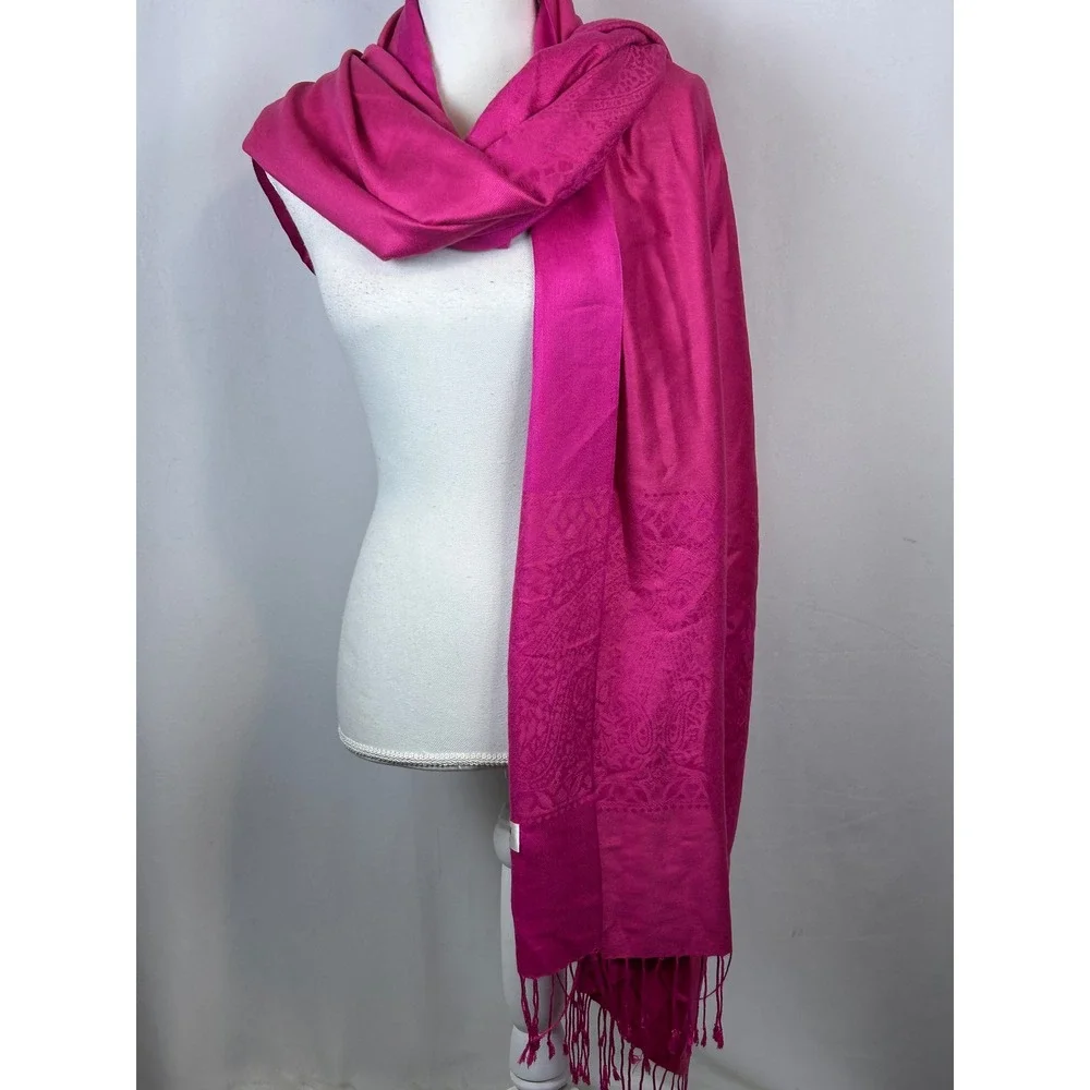Pashmina Silk Blend Scarf Fuchsia Pink Paisley Jacquard Fringe Wrap Shawl